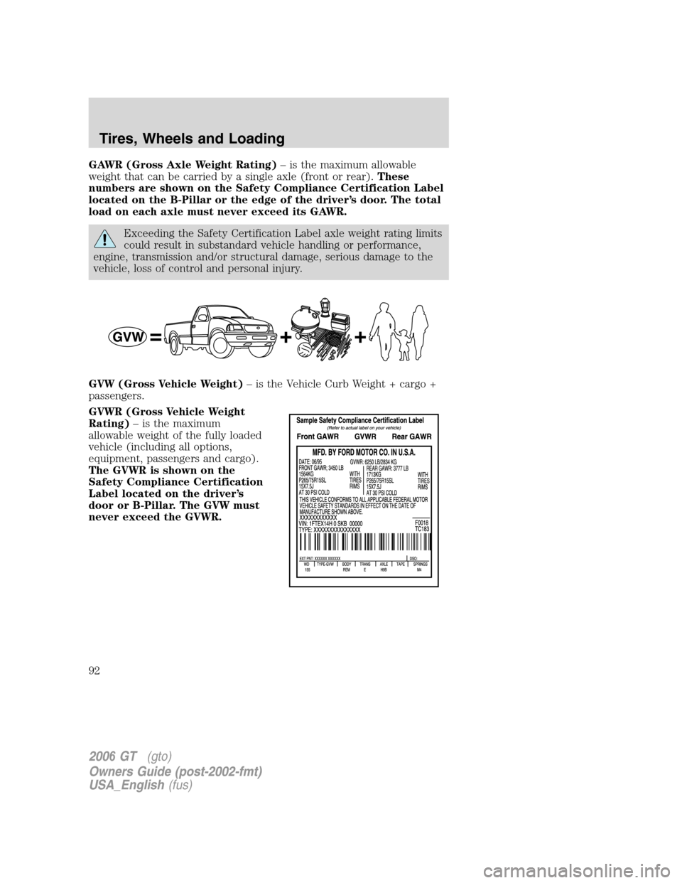 FORD GT 2006 1.G Owners Manual
GAWR (Gross Axle Weight Rating)– is the maximum allowable
weight that can be carried by a single axle (front or rear). These
numbers are shown on the Safety Compliance Certification Label
located o FORD GT 2006 1.G Owners Manual
GAWR (Gross Axle Weight Rating)– is the maximum allowable
weight that can be carried by a single axle (front or rear). These
numbers are shown on the Safety Compliance Certification Label
located o