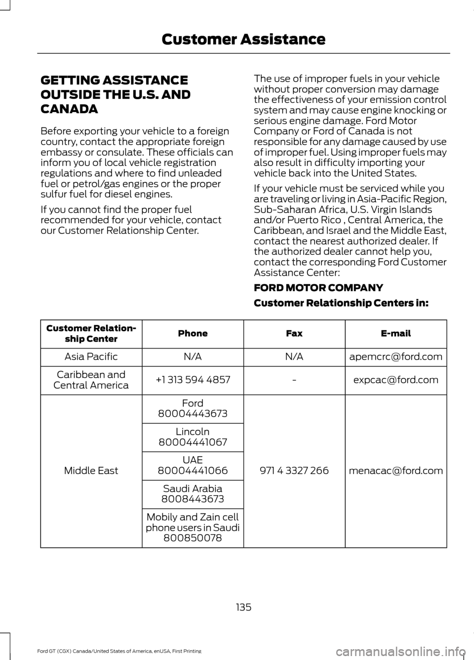 FORD GT 2017 2.G User Guide GETTING ASSISTANCE
OUTSIDE THE U.S. AND
CANADA
Before exporting your vehicle to a foreign
country, contact the appropriate foreign
embassy or consulate. These officials can
inform you of local vehicle