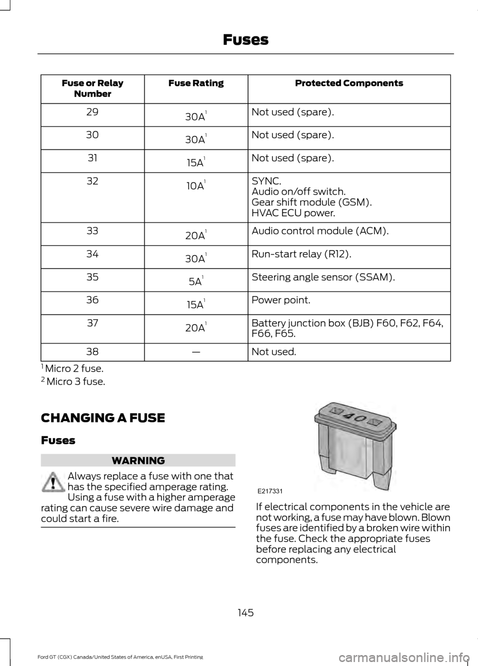 FORD GT 2017 2.G User Guide Protected Components
Fuse Rating
Fuse or Relay
Number
Not used (spare).
30A 1
29
Not used (spare).
30A 1
30
Not used (spare).
15A 1
31
SYNC.
10A 1
32
Audio on/off switch.
Gear shift module (GSM).
HVAC FORD GT 2017 2.G User Guide Protected Components
Fuse Rating
Fuse or Relay
Number
Not used (spare).
30A 1
29
Not used (spare).
30A 1
30
Not used (spare).
15A 1
31
SYNC.
10A 1
32
Audio on/off switch.
Gear shift module (GSM).
HVAC