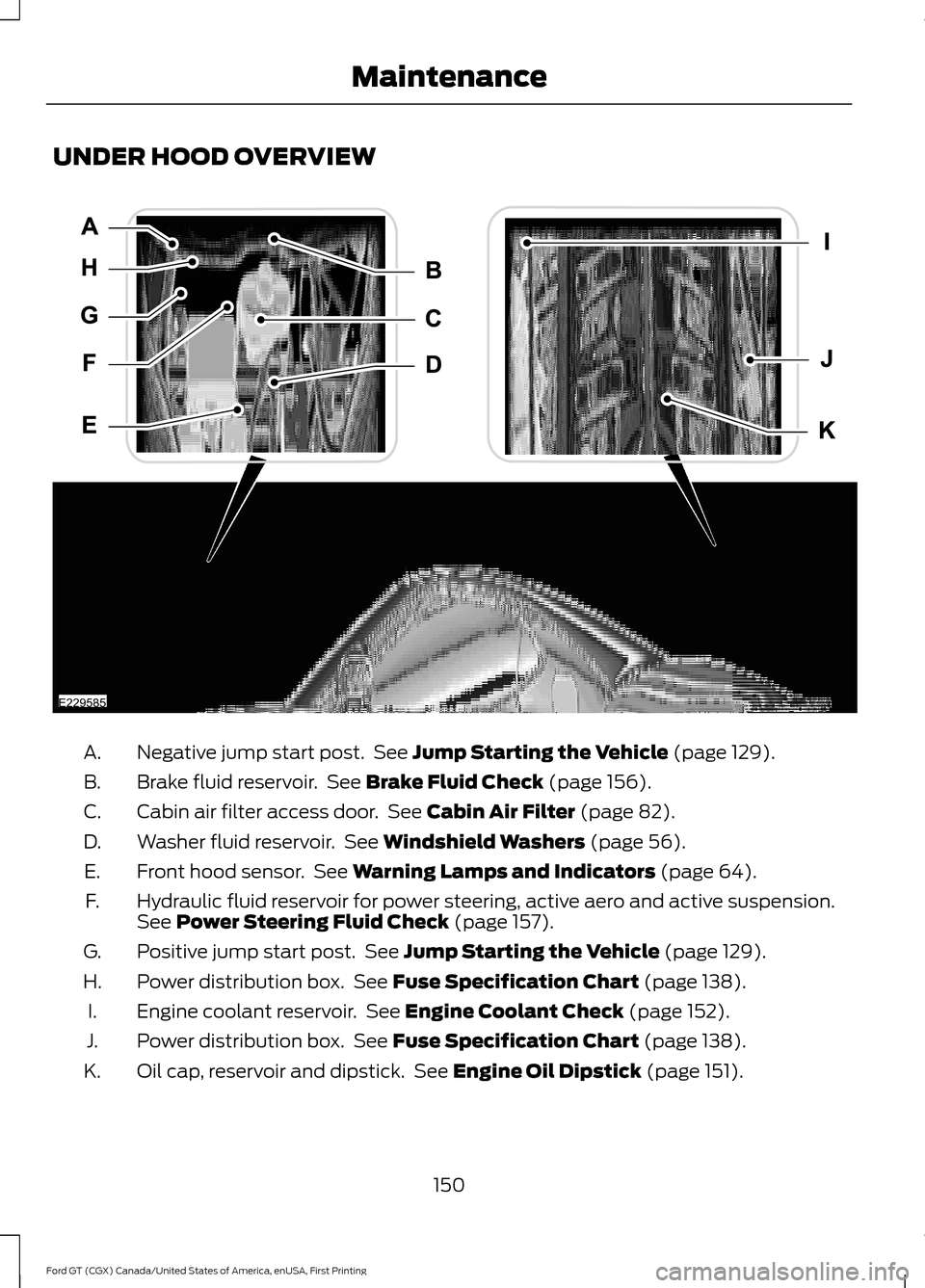 FORD GT 2017 2.G Owners Manual UNDER HOOD OVERVIEW
Negative jump start post.  See Jump Starting the Vehicle (page 129).
A.
Brake fluid reservoir.  See 
Brake Fluid Check (page 156).
B.
Cabin air filter access door.  See 
Cabin Air 