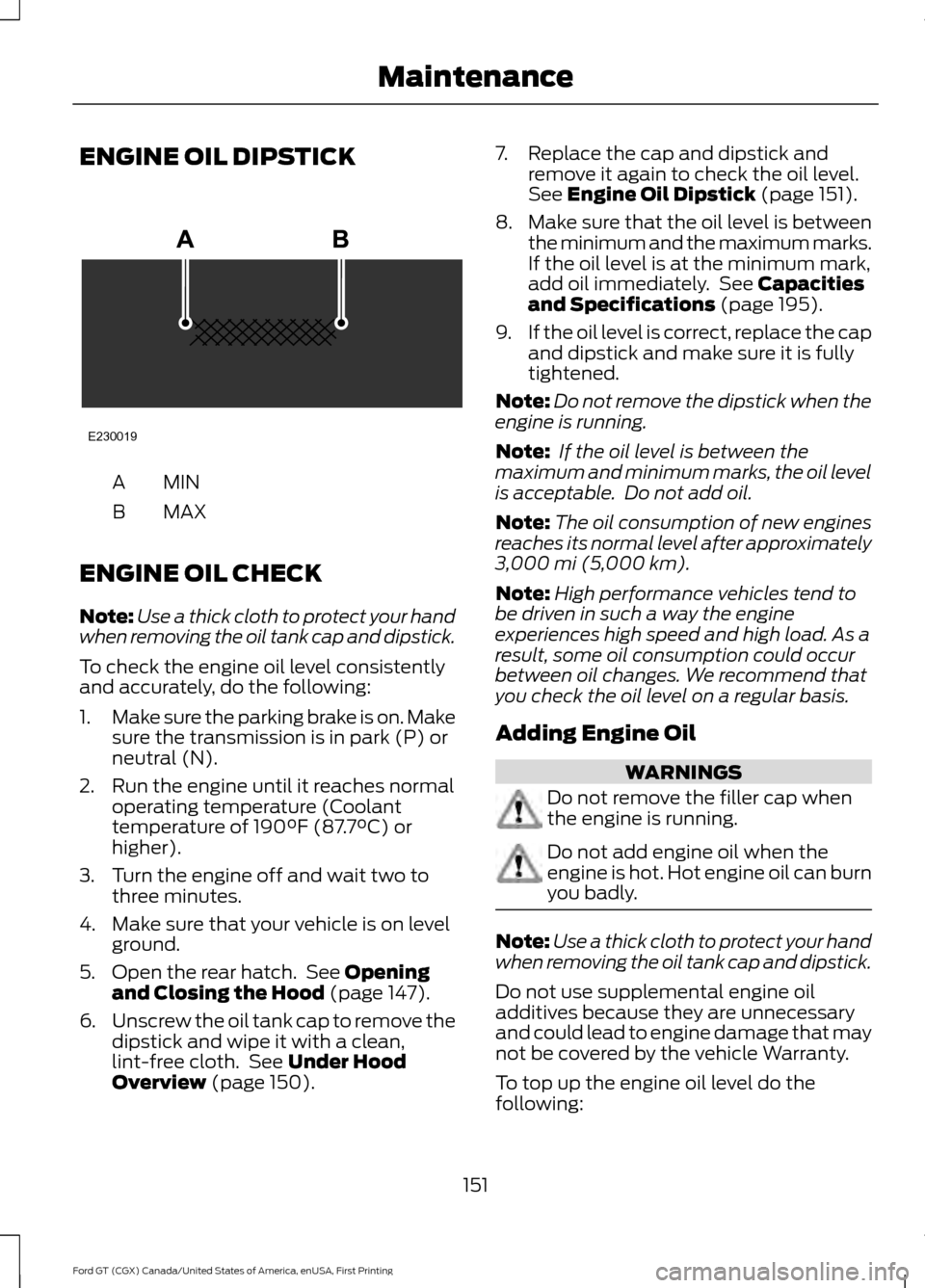 FORD GT 2017 2.G Owners Manual ENGINE OIL DIPSTICK
MINA
MAX
B
ENGINE OIL CHECK
Note: Use a thick cloth to protect your hand
when removing the oil tank cap and dipstick.
To check the engine oil level consistently
and accurately, do FORD GT 2017 2.G Owners Manual ENGINE OIL DIPSTICK
MINA
MAX
B
ENGINE OIL CHECK
Note: Use a thick cloth to protect your hand
when removing the oil tank cap and dipstick.
To check the engine oil level consistently
and accurately, do