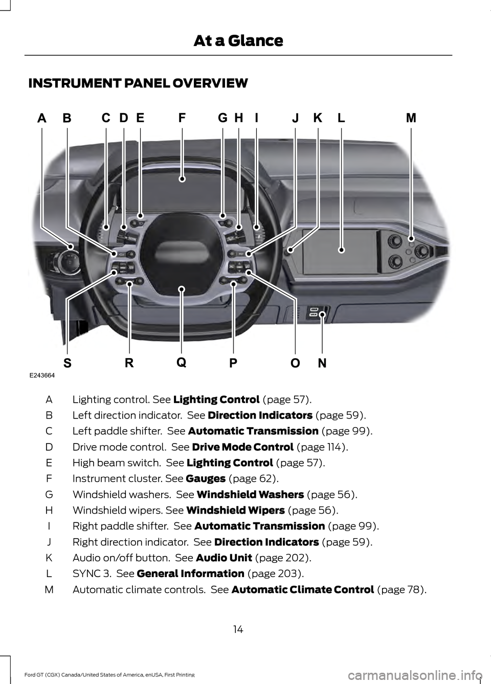 FORD GT 2017 2.G Owners Manual INSTRUMENT PANEL OVERVIEW
Lighting control. See Lighting Control (page 57).
A
Left direction indicator.  See 
Direction Indicators (page 59).
B
Left paddle shifter.  See 
Automatic Transmission (page 