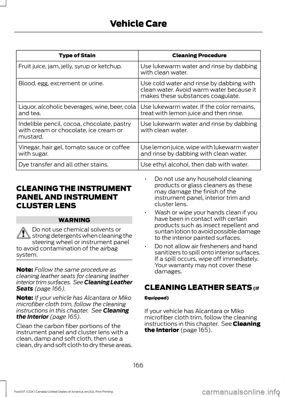 FORD GT 2017 2.G Owners Manual Cleaning Procedure
Type of Stain
Use lukewarm water and rinse by dabbing
with clean water.
Fruit juice, jam, jelly, syrup or ketchup.
Use cold water and rinse by dabbing with
clean water. Avoid warm w FORD GT 2017 2.G Owners Manual Cleaning Procedure
Type of Stain
Use lukewarm water and rinse by dabbing
with clean water.
Fruit juice, jam, jelly, syrup or ketchup.
Use cold water and rinse by dabbing with
clean water. Avoid warm w