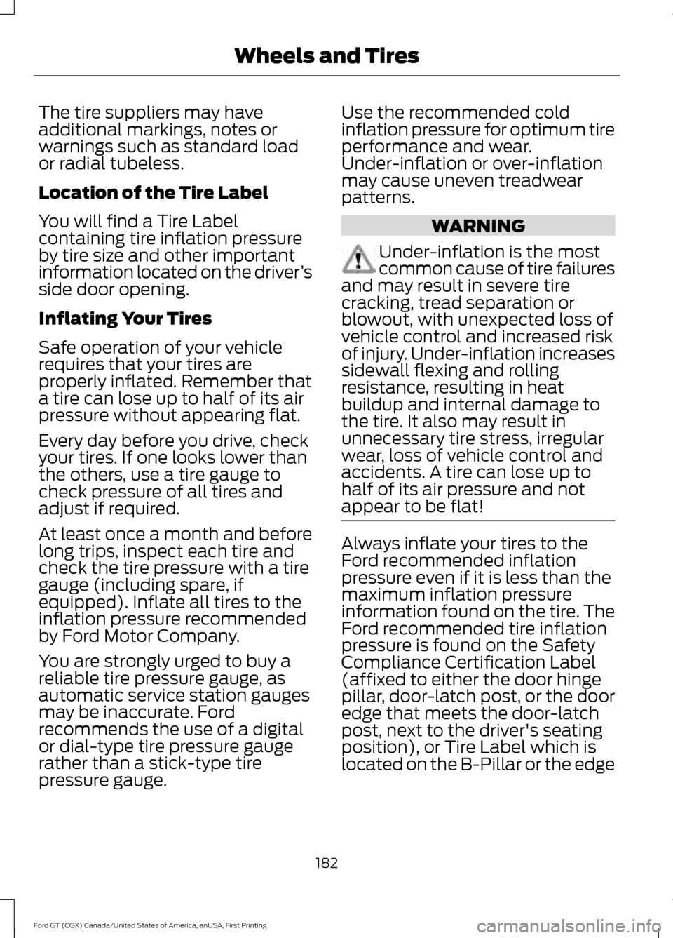 FORD GT 2017 2.G Owners Manual The tire suppliers may have
additional markings, notes or
warnings such as standard load
or radial tubeless.
Location of the Tire Label
You will find a Tire Label
containing tire inflation pressure
by FORD GT 2017 2.G Owners Manual The tire suppliers may have
additional markings, notes or
warnings such as standard load
or radial tubeless.
Location of the Tire Label
You will find a Tire Label
containing tire inflation pressure
by