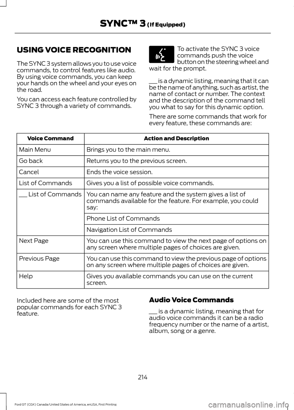 FORD GT 2017 2.G Owners Manual USING VOICE RECOGNITION
The SYNC 3 system allows you to use voice
commands, to control features like audio.
By using voice commands, you can keep
your hands on the wheel and your eyes on
the road.
You FORD GT 2017 2.G Owners Manual USING VOICE RECOGNITION
The SYNC 3 system allows you to use voice
commands, to control features like audio.
By using voice commands, you can keep
your hands on the wheel and your eyes on
the road.
You