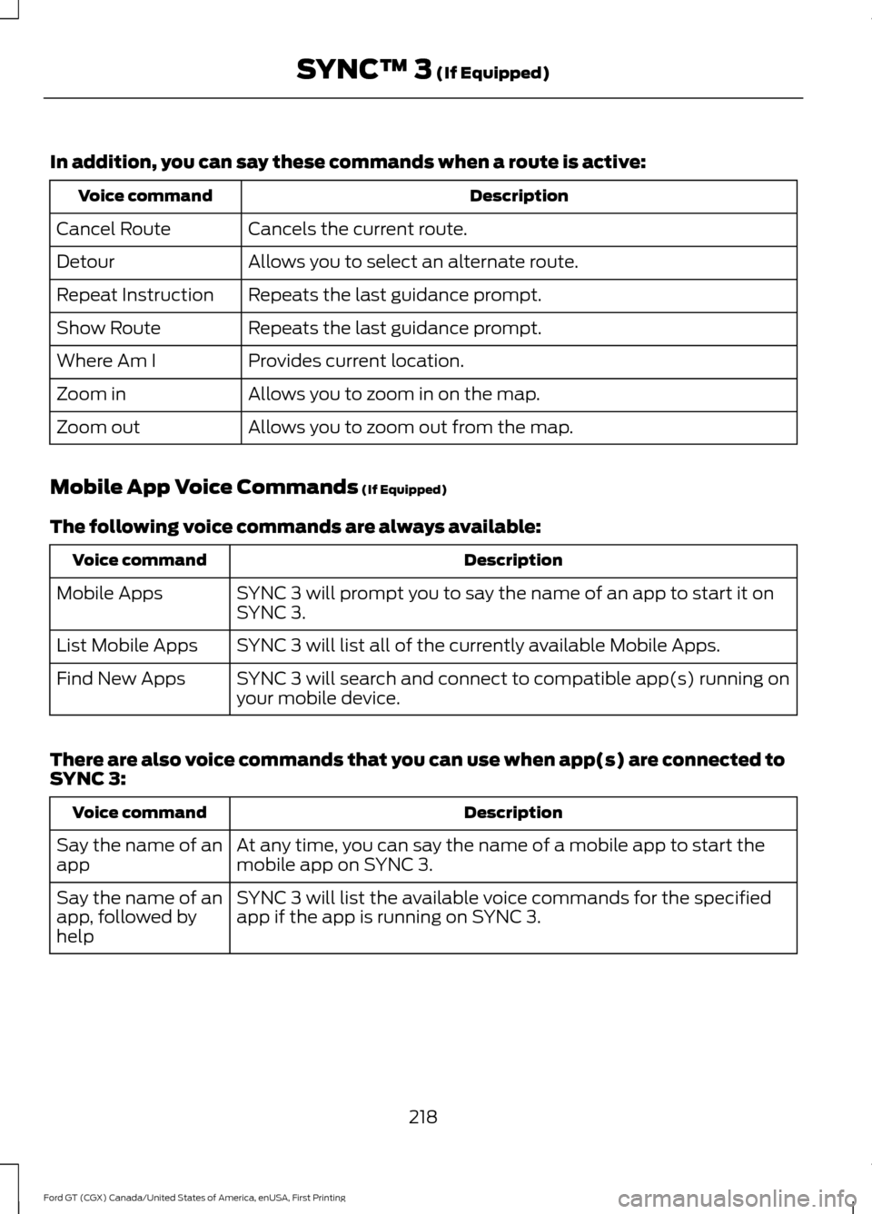 FORD GT 2017 2.G Owners Manual In addition, you can say these commands when a route is active:
Description
Voice command
Cancels the current route.
Cancel Route
Allows you to select an alternate route.
Detour
Repeats the last guida FORD GT 2017 2.G Owners Manual In addition, you can say these commands when a route is active:
Description
Voice command
Cancels the current route.
Cancel Route
Allows you to select an alternate route.
Detour
Repeats the last guida