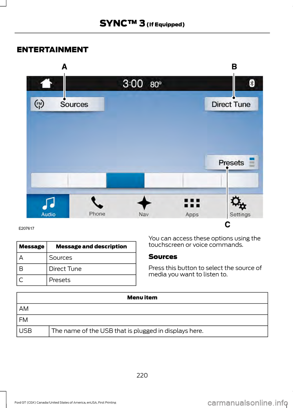 FORD GT 2017 2.G Owners Manual ENTERTAINMENT
Message and description
Message
Sources
A
Direct Tune
B
Presets
C You can access these options using the
touchscreen or voice commands.
Sources
Press this button to select the source of
