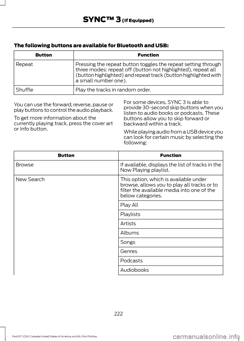 FORD GT 2017 2.G Owners Manual The following buttons are available for Bluetooth and USB:
Function
Button
Pressing the repeat button toggles the repeat setting through
three modes: repeat off (button not highlighted), repeat all
(b