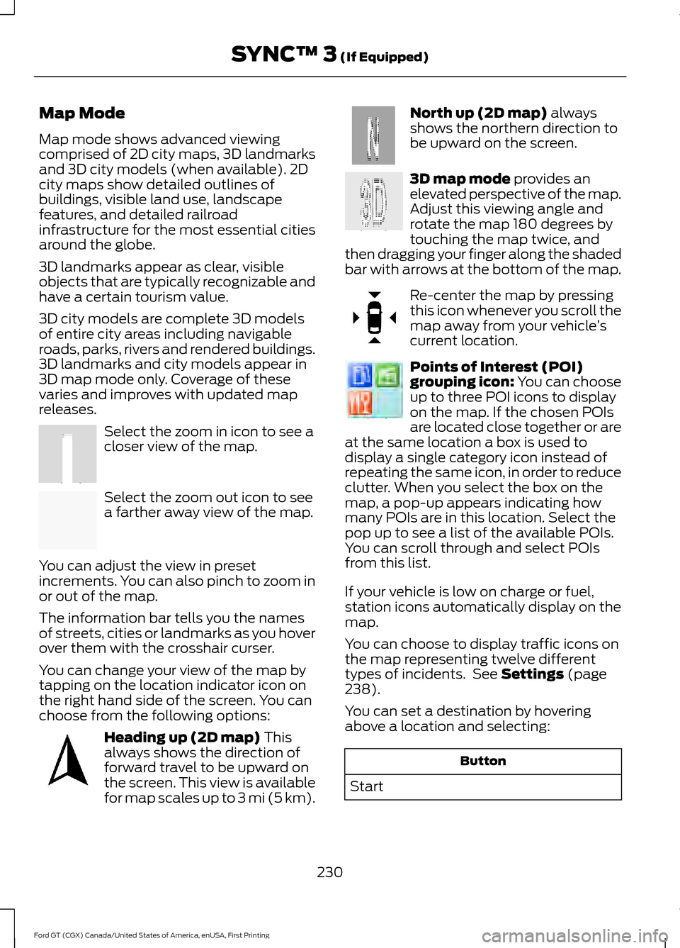 FORD GT 2017 2.G Owners Manual Map Mode
Map mode shows advanced viewing
comprised of 2D city maps, 3D landmarks
and 3D city models (when available). 2D
city maps show detailed outlines of
buildings, visible land use, landscape
feat