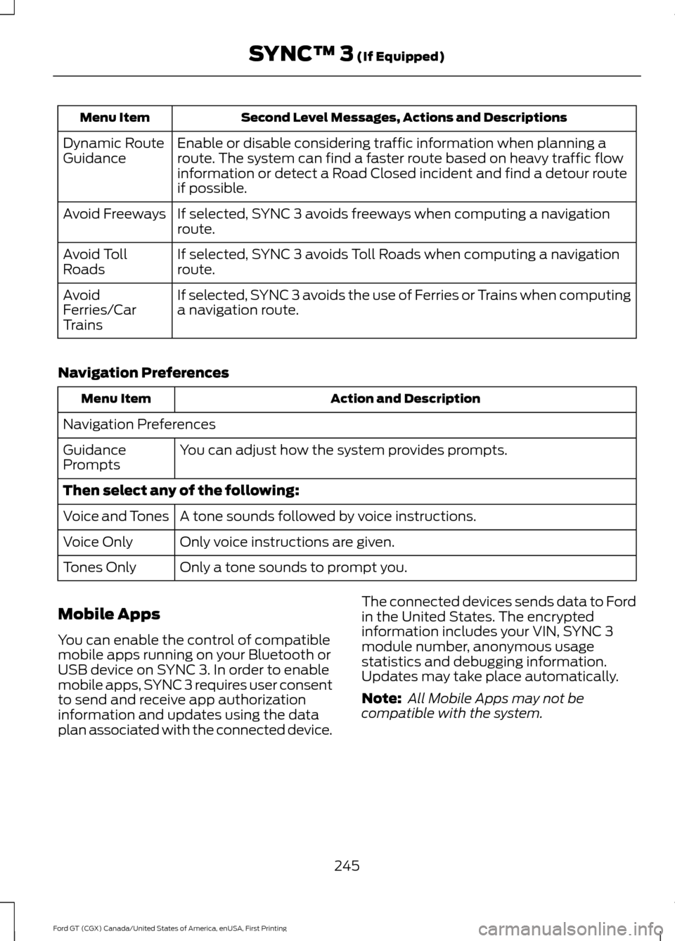FORD GT 2017 2.G Owners Manual Second Level Messages, Actions and Descriptions
Menu Item
Enable or disable considering traffic information when planning a
route. The system can find a faster route based on heavy traffic flow
inform FORD GT 2017 2.G Owners Manual Second Level Messages, Actions and Descriptions
Menu Item
Enable or disable considering traffic information when planning a
route. The system can find a faster route based on heavy traffic flow
inform