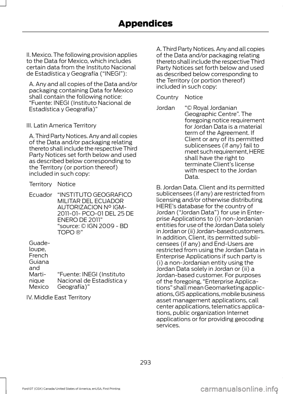 FORD GT 2017 2.G Owners Manual II. Mexico. The following provision applies
to the Data for Mexico, which includes
certain data from the Instituto Nacional
de Estadística y Geografía (“INEGI”):
A. Any and all copies of the Dat FORD GT 2017 2.G Owners Manual II. Mexico. The following provision applies
to the Data for Mexico, which includes
certain data from the Instituto Nacional
de Estadística y Geografía (“INEGI”):
A. Any and all copies of the Dat