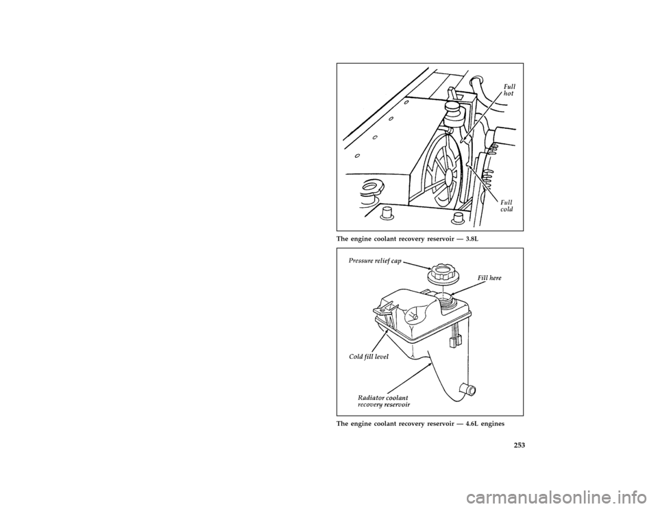 FORD MUSTANG 1996 4.G Owners Manual 253 [SV17900(M )05/95]
half page art:0010371-B
The engine coolant recovery reservoir Ð 3.8L
[SV18100(M )10/95]
half page art:0010761-C
The engine coolant recovery reservoir Ð 4.6L engines
File:15rcs