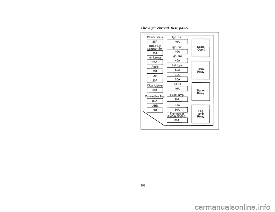 FORD MUSTANG 1996 4.G Owners Manual 284 % [SV40100( ALL)06/93]The high current fuse panel
[SV40300(M )10/95]
two third page art:0011159-CFile:15rcsvm.ex
Update:Thu Mar 28 14:48:54 1996 