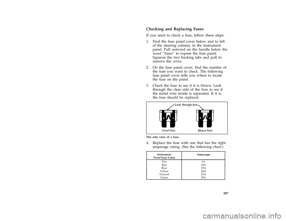 FORD MUSTANG 1996 4.G Owners Manual 287 %
*
[SV41210( ALL)06/95]
Checking and Replacing Fuses
*
[SV41215( ALL)02/95]
If you need to check a fuse, follow these steps:
[SV41220(M )03/93]
1. Find the fuse panel cover below and to left
of t