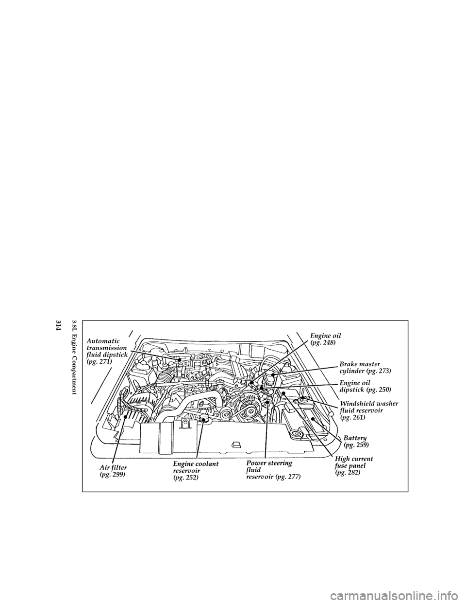 FORD MUSTANG 1996 4.G Owners Manual 314 [QI01200(M )10/95]
full page art:0011106-E3.8L Engine Compartment
File:16rcqim.ex
Update:Wed Mar 27 13:23:08 1996 