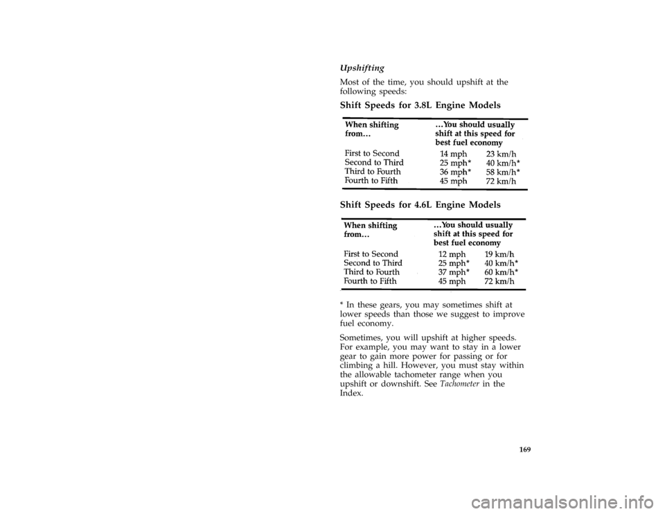 FORD MUSTANG 1997 4.G Owners Manual 169
*
[GF13900(M )08/95]
Upshifting
*
[GF14000(M )01/96]
Most of the time, you should upshift at the
following speeds:
[GF14100(M )12/95]
Shift Speeds for 3.8L Engine Models
[GF14200(M )12/95]
eight p