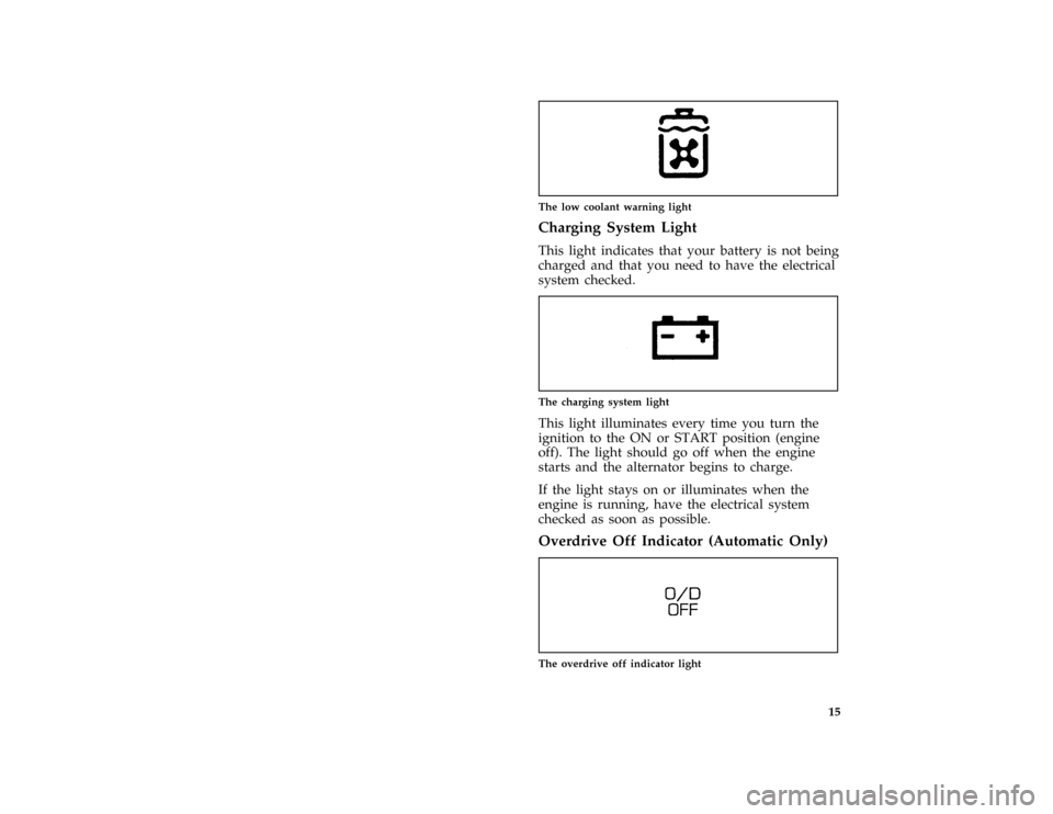 FORD MUSTANG 1997 4.G Owners Manual 15 [IS07400(M )04/96]
one inch art:0010579-B
The low coolant warning light
%*
[IS07500( ALL)01/96]
Charging System Light
*
[IS07600( ALL)01/96]
This light indicates that your battery is not being
char