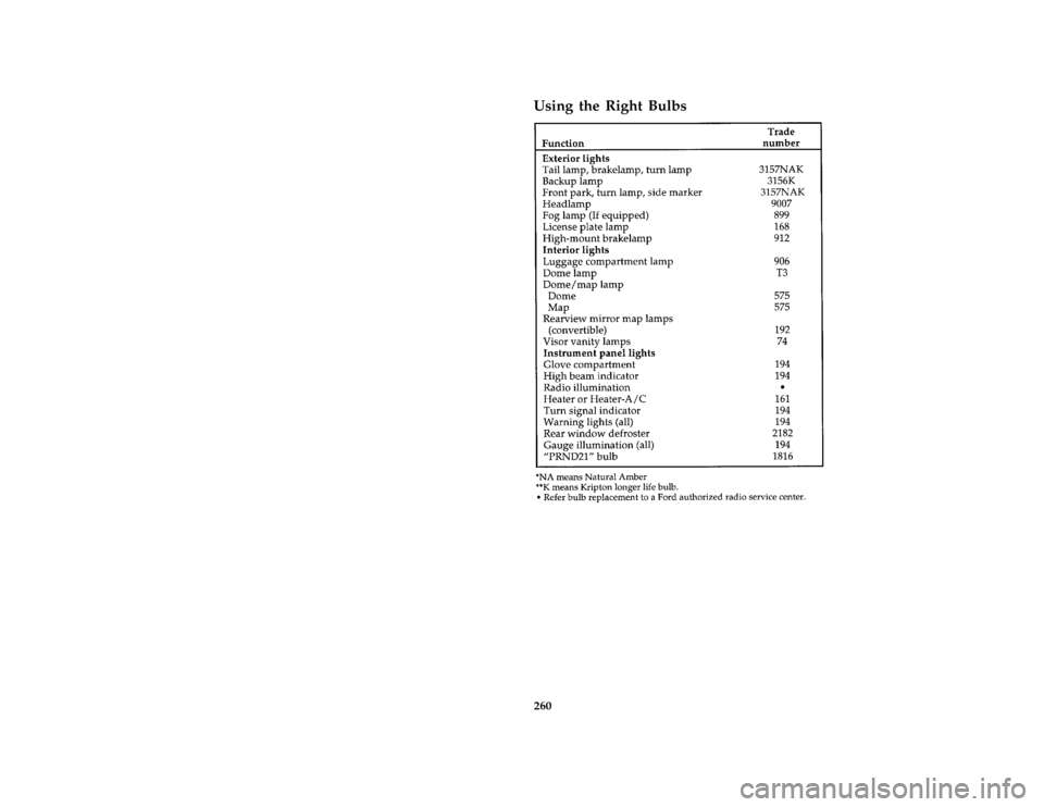 FORD MUSTANG 1997 4.G Owners Manual 260 %
*
[MC48200( ALL)01/96]
Using the Right Bulbs
[MC48300(M )04/96]
thirty-six pica chart:0010438-IFile:11rcmcm.ex
Update:Thu Apr  3 07:49:33 1997 