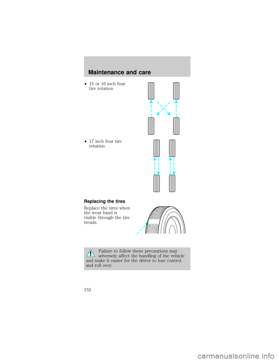 FORD MUSTANG 1998 4.G Owners Manual ²15 or 16 inch four
tire rotation
²17 inch four tire
rotation
Replacing the tires
Replace the tires when
the wear band is
visible through the tire
treads.
Failure to follow these precautions may
adv FORD MUSTANG 1998 4.G Owners Manual ²15 or 16 inch four
tire rotation
²17 inch four tire
rotation
Replacing the tires
Replace the tires when
the wear band is
visible through the tire
treads.
Failure to follow these precautions may
adv