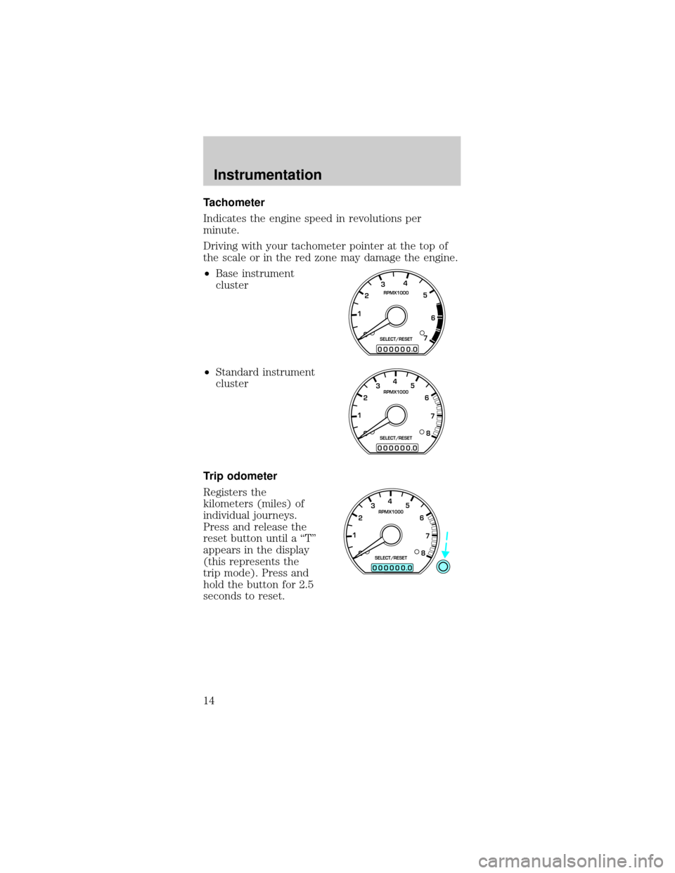 FORD MUSTANG 1999 4.G User Guide Tachometer
Indicates the engine speed in revolutions per
minute.
Driving with your tachometer pointer at the top of
the scale or in the red zone may damage the engine.
²Base instrument
cluster
²Stan