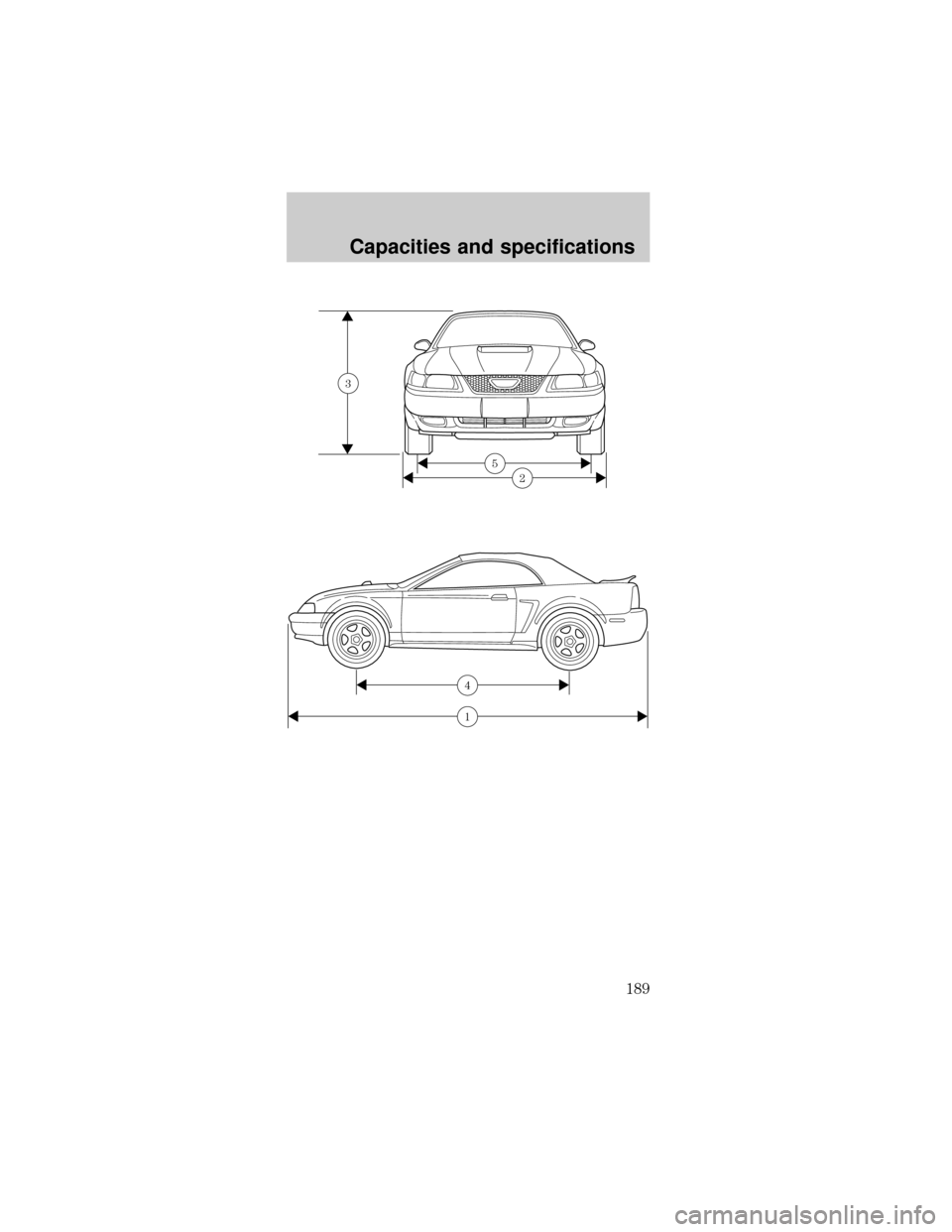 FORD MUSTANG 1999 4.G Owners Manual 25
3
4
1
Capacities and specifications
189 