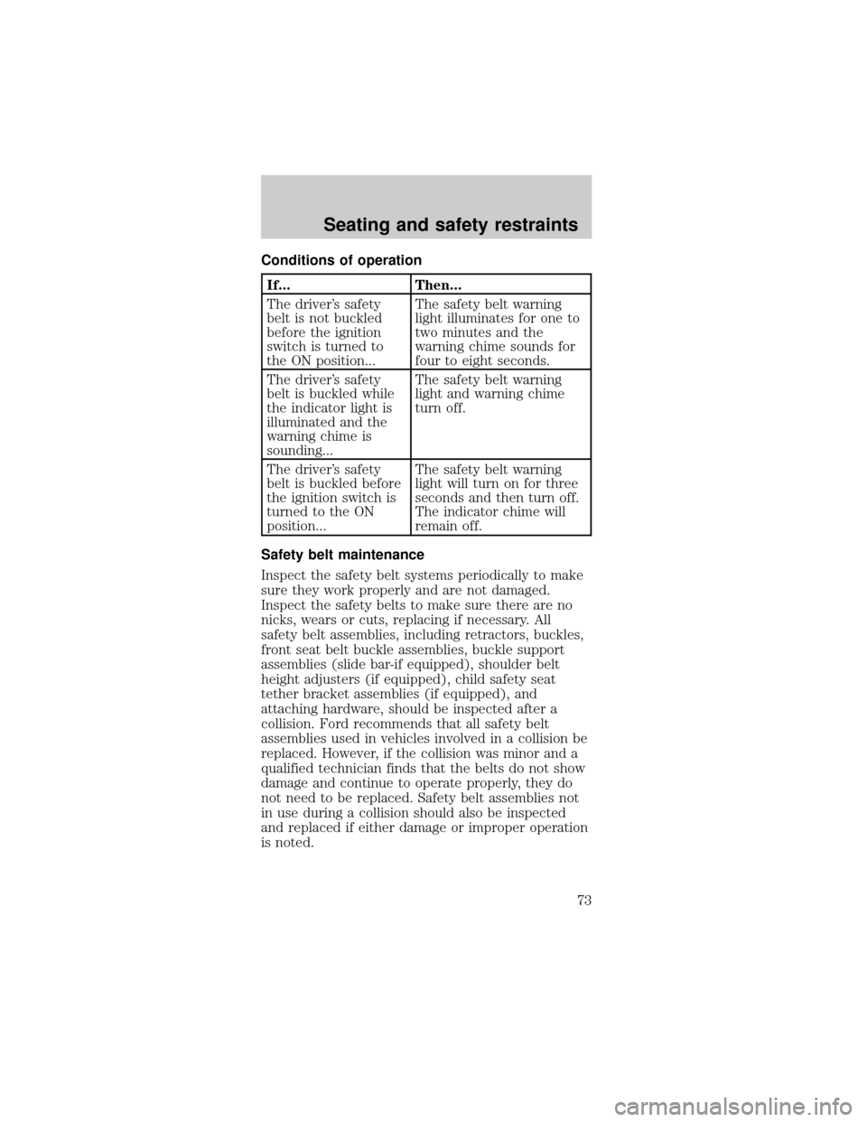 FORD MUSTANG 1999 4.G Manual PDF Conditions of operation
If... Then...
The drivers safety
belt is not buckled
before the ignition
switch is turned to
the ON position...The safety belt warning
light illuminates for one to
two minutes