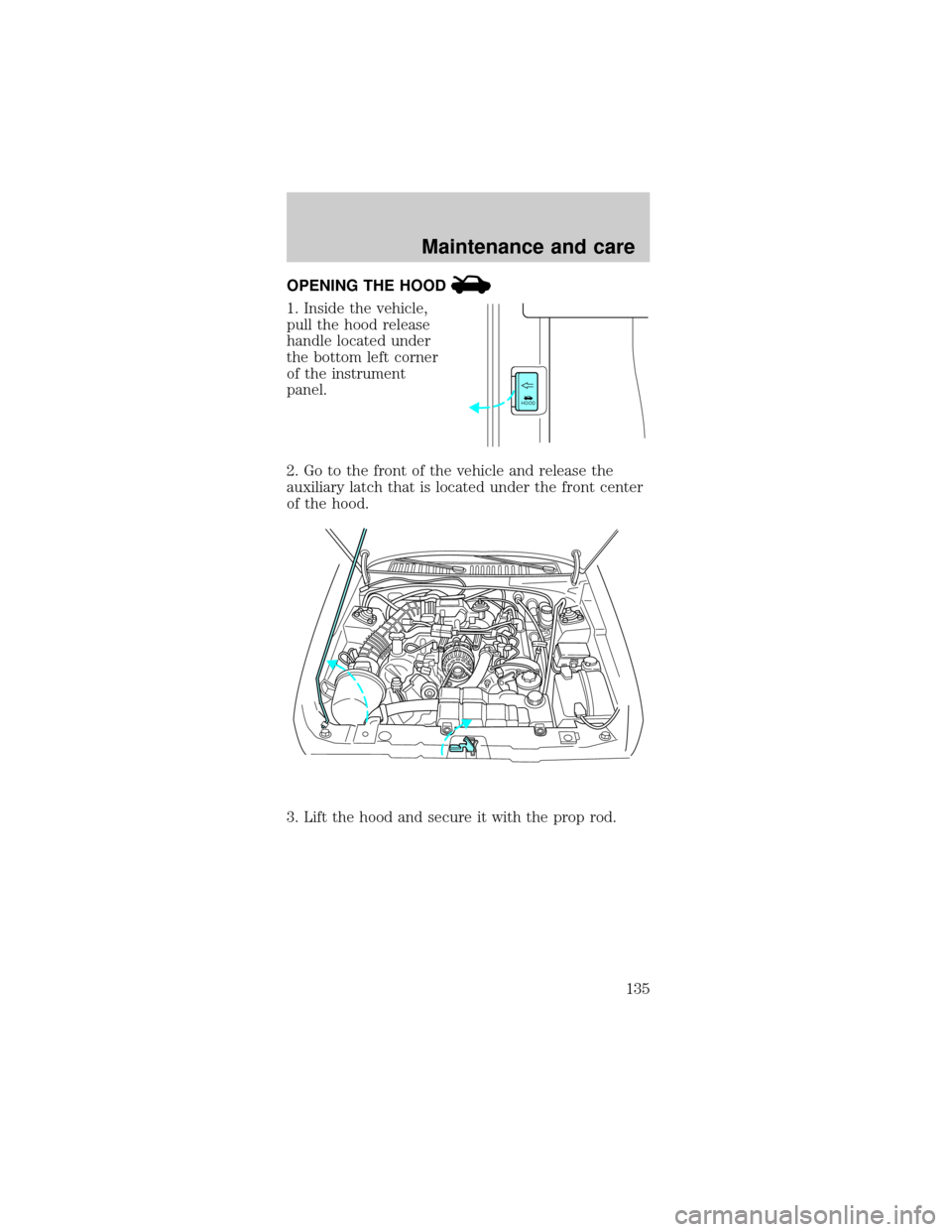 FORD MUSTANG 2000 4.G Owners Manual OPENING THE HOOD
1. Inside the vehicle,
pull the hood release
handle located under
the bottom left corner
of the instrument
panel.
2. Go to the front of the vehicle and release the
auxiliary latch tha