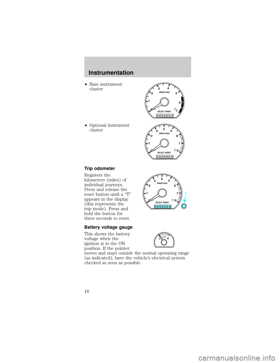 FORD MUSTANG 2000 4.G Owners Manual ²Base instrument
cluster
²Optional instrument
cluster
Trip odometer
Registers the
kilometers (miles) of
individual journeys.
Press and release the
reset button until a ªTº
appears in the display
(