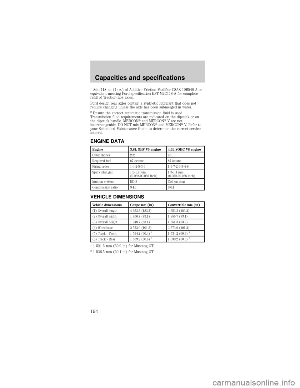 FORD MUSTANG 2000 4.G Owners Manual 1Add 118 ml (4 oz.) of Additive Friction Modifier C8AZ-19B546-A or
equivalent meeting Ford specification EST-M2C118-A for complete
refill of Traction-Lok axles.
Ford design rear axles contain a synthe