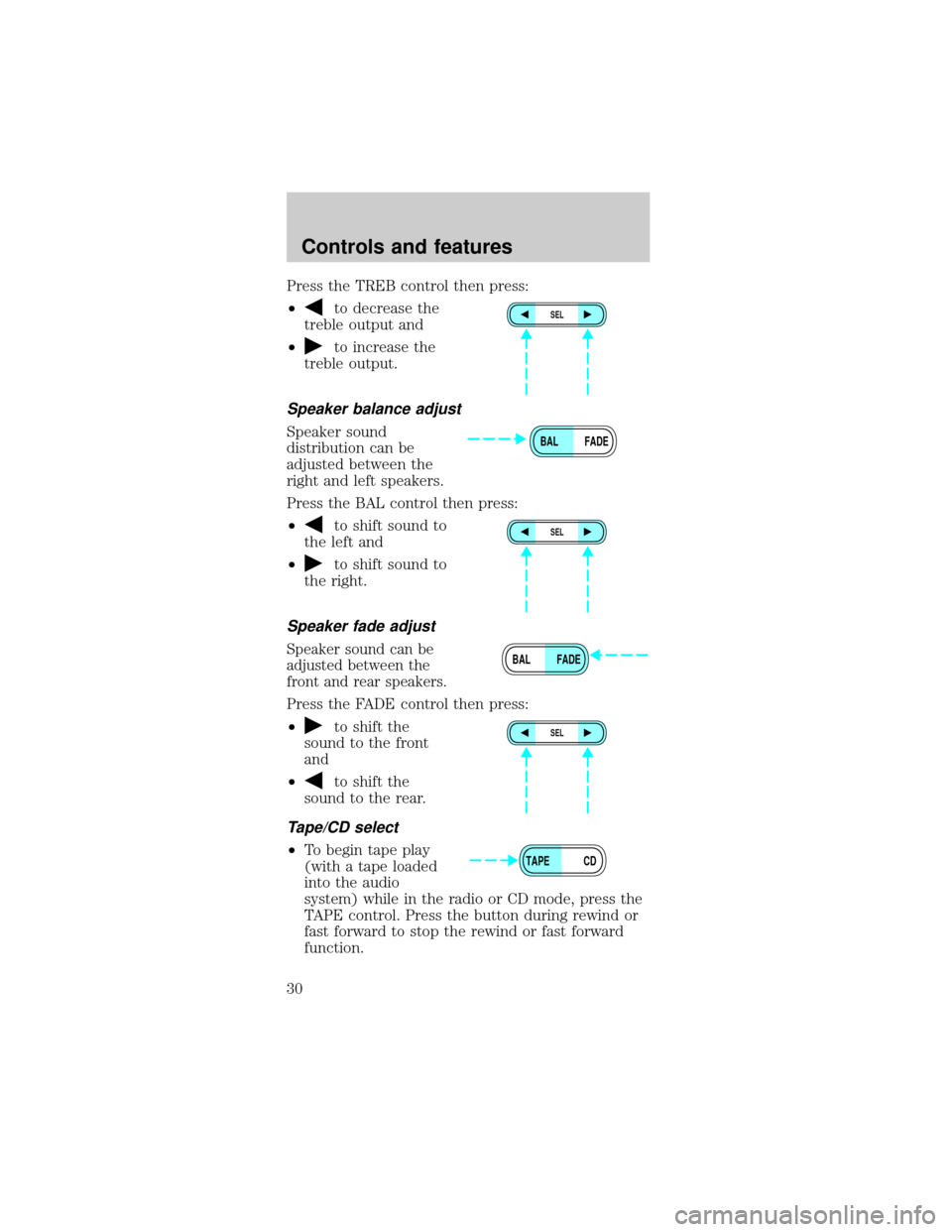 FORD MUSTANG 2001 4.G Owners Manual Press the TREB control then press:
²
to decrease the
treble output and
²
to increase the
treble output.
Speaker balance adjust
Speaker sound
distribution can be
adjusted between the
right and left s FORD MUSTANG 2001 4.G Owners Manual Press the TREB control then press:
²
to decrease the
treble output and
²
to increase the
treble output.
Speaker balance adjust
Speaker sound
distribution can be
adjusted between the
right and left s