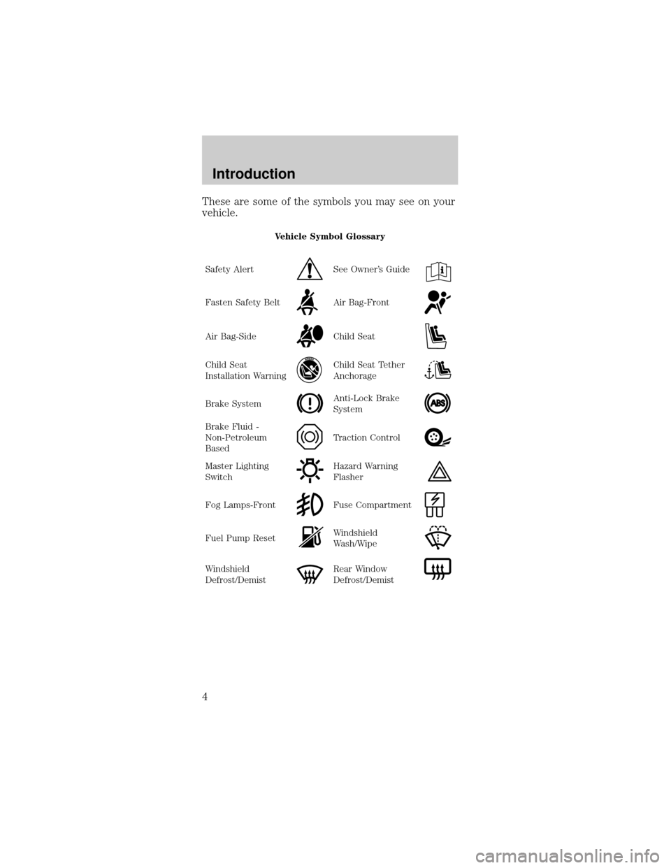 FORD MUSTANG 2001 4.G Owners Manual These are some of the symbols you may see on your
vehicle.
Vehicle Symbol Glossary
Safety Alert
See Owners Guide
Fasten Safety BeltAir Bag-Front
Air Bag-SideChild Seat
Child Seat
Installation Warning FORD MUSTANG 2001 4.G Owners Manual These are some of the symbols you may see on your
vehicle.
Vehicle Symbol Glossary
Safety Alert
See Owners Guide
Fasten Safety BeltAir Bag-Front
Air Bag-SideChild Seat
Child Seat
Installation Warning