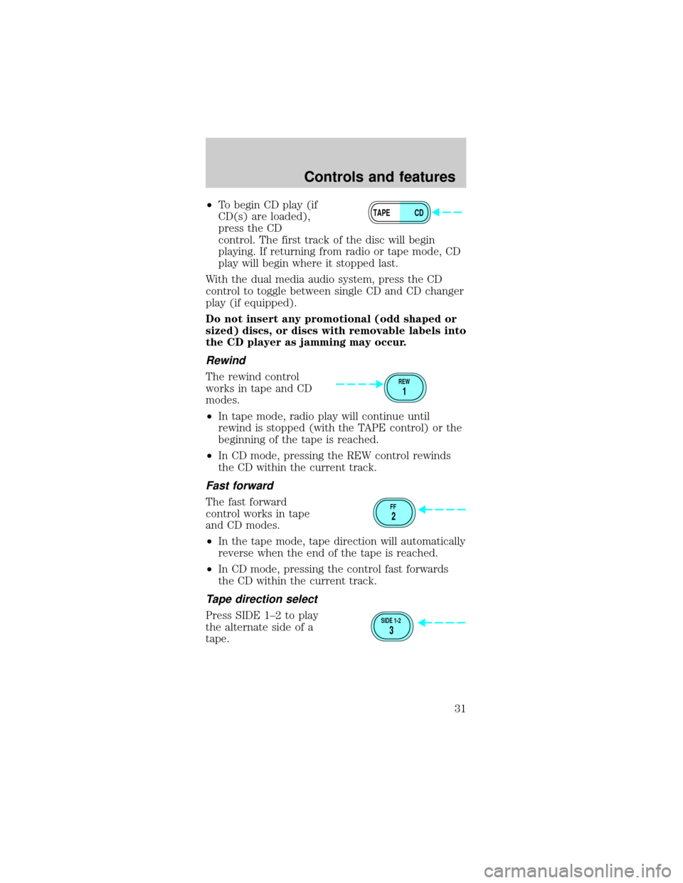 FORD MUSTANG 2001 4.G Owners Guide ²To begin CD play (if
CD(s) are loaded),
press the CD
control. The first track of the disc will begin
playing. If returning from radio or tape mode, CD
play will begin where it stopped last.
With the FORD MUSTANG 2001 4.G Owners Guide ²To begin CD play (if
CD(s) are loaded),
press the CD
control. The first track of the disc will begin
playing. If returning from radio or tape mode, CD
play will begin where it stopped last.
With the