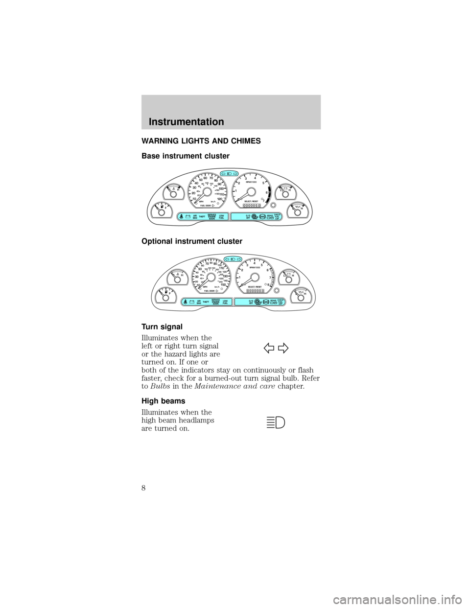 FORD MUSTANG 2001 4.G Owners Manual WARNING LIGHTS AND CHIMES
Base instrument cluster
Optional instrument cluster
Turn signal
Illuminates when the
left or right turn signal
or the hazard lights are
turned on. If one or
both of the indic
