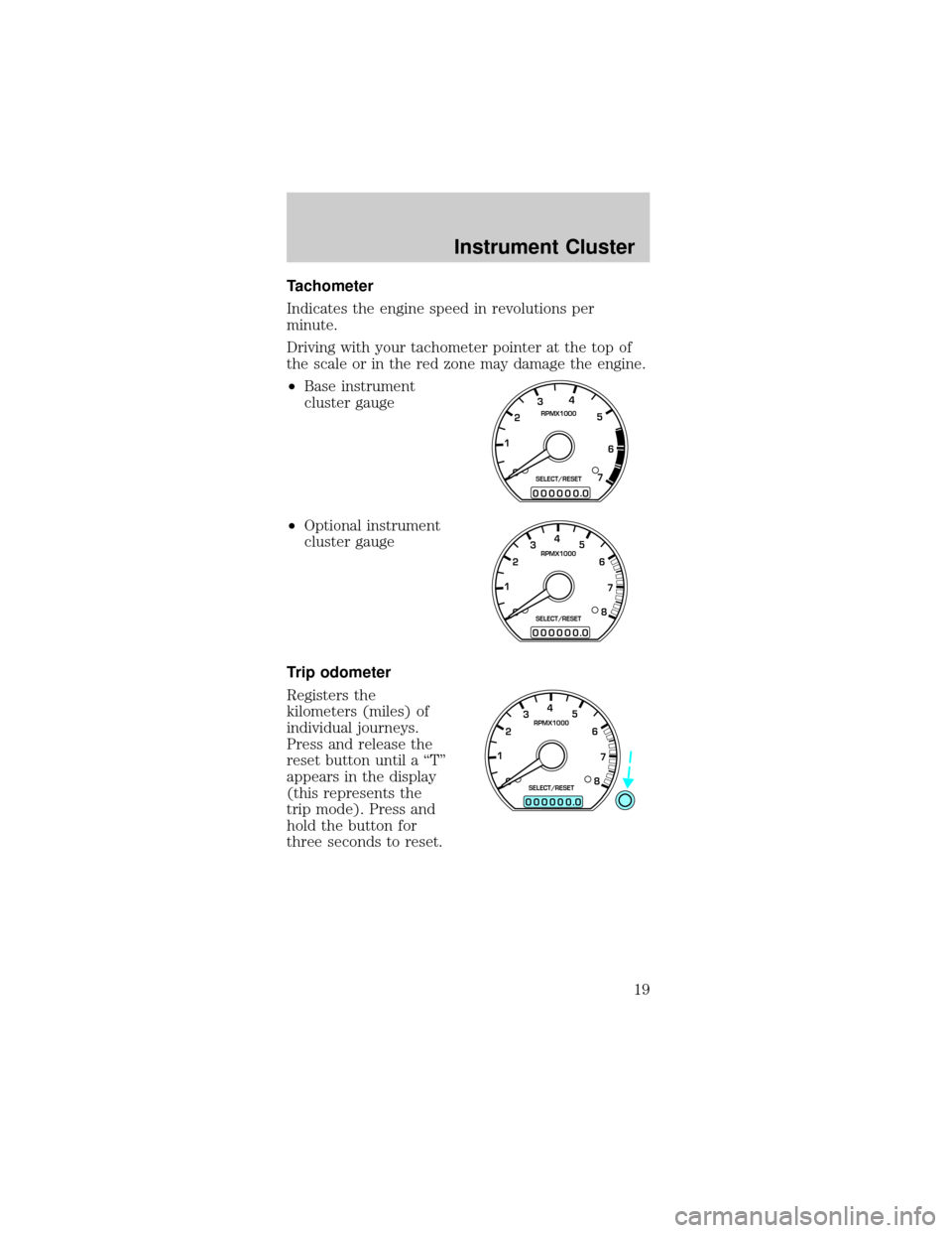 FORD MUSTANG 2002 4.G User Guide Tachometer
Indicates the engine speed in revolutions per
minute.
Driving with your tachometer pointer at the top of
the scale or in the red zone may damage the engine.
²Base instrument
cluster gauge
FORD MUSTANG 2002 4.G User Guide Tachometer
Indicates the engine speed in revolutions per
minute.
Driving with your tachometer pointer at the top of
the scale or in the red zone may damage the engine.
²Base instrument
cluster gauge
