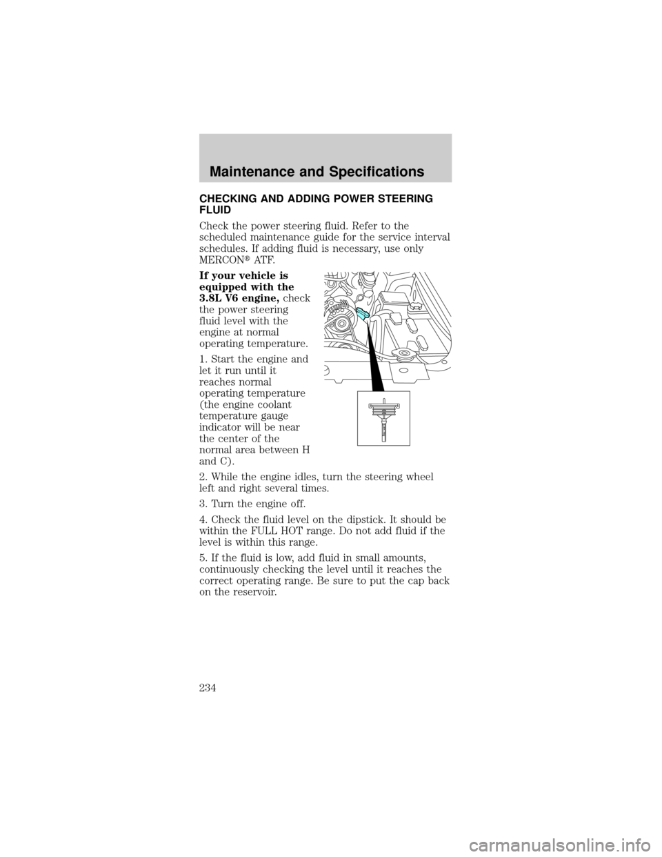 FORD MUSTANG 2002 4.G User Guide CHECKING AND ADDING POWER STEERING
FLUID
Check the power steering fluid. Refer to the
scheduled maintenance guide for the service interval
schedules. If adding fluid is necessary, use only
MERCONtAT F