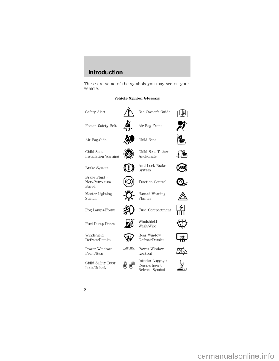 FORD MUSTANG 2002 4.G Owners Manual These are some of the symbols you may see on your
vehicle.
Vehicle Symbol Glossary
Safety Alert
See Owners Guide
Fasten Safety BeltAir Bag-Front
Air Bag-SideChild Seat
Child Seat
Installation Warning FORD MUSTANG 2002 4.G Owners Manual These are some of the symbols you may see on your
vehicle.
Vehicle Symbol Glossary
Safety Alert
See Owners Guide
Fasten Safety BeltAir Bag-Front
Air Bag-SideChild Seat
Child Seat
Installation Warning