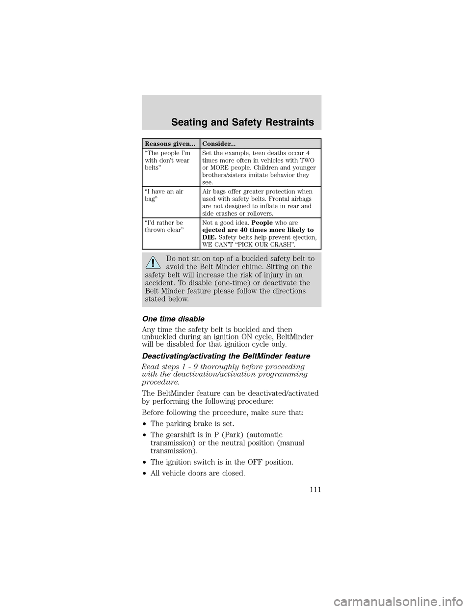 FORD MUSTANG 2003 4.G Owners Manual Reasons given... Consider...
“The people I’m
with don’t wear
belts”Set the example, teen deaths occur 4
times more often in vehicles with TWO
or MORE people. Children and younger
brothers/sist