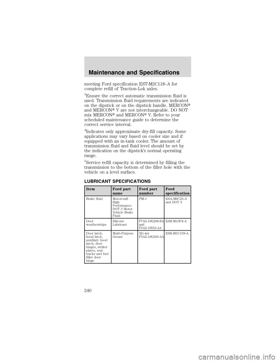 FORD MUSTANG 2003 4.G Owners Manual meeting Ford specification EST-M2C118–Afor
complete refill of Traction-Lok axles.
3Ensure the correct automatic transmission fluid is
used. Transmission fluid requirements are indicated
on the dipst