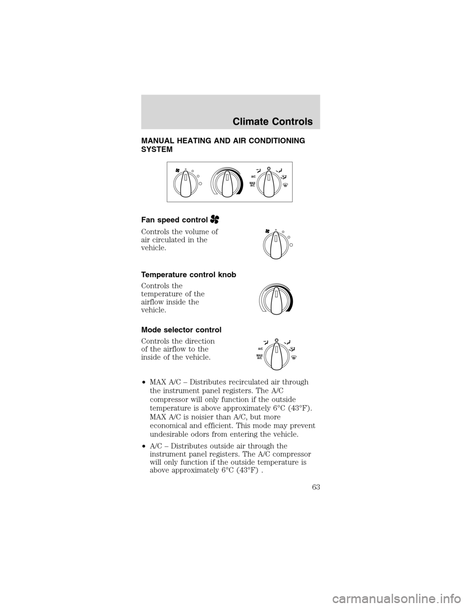 FORD MUSTANG 2003 4.G Repair Manual MANUALHEATINGANDAIRCONDITIONING
SYSTEM
Fanspeedcontrol
Controls the volume of
air circulated in the
vehicle.
Temperature control knob
Controls the
temperature of the
airflow inside the
vehicle.
Mode s