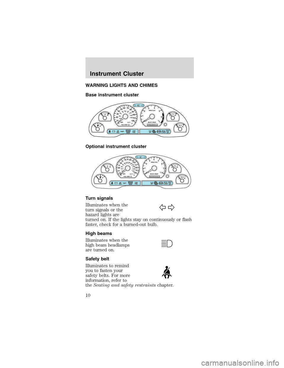 FORD MUSTANG 2003 4.G Owners Manual WARNING LIGHTS AND CHIMES
Base instrument cluster
Optional instrument cluster
Turn signals
Illuminates when the
turn signals or the
hazard lights are
turned on. If the lights stay on continuously or f