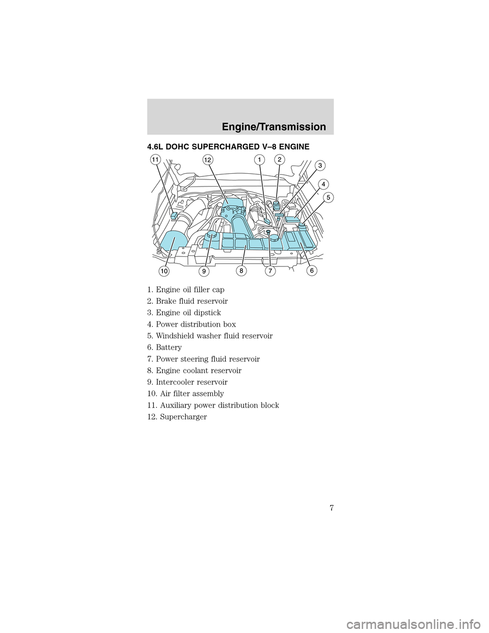 FORD MUSTANG 2003 4.G SVT Supplement Manual 4.6L DOHC SUPERCHARGED V–8 ENGINE
1. Engine oil filler cap
2. Brake fluid reservoir
3. Engine oil dipstick
4. Power distribution box
5. Windshield washer fluid reservoir
6. Battery
7. Power steering