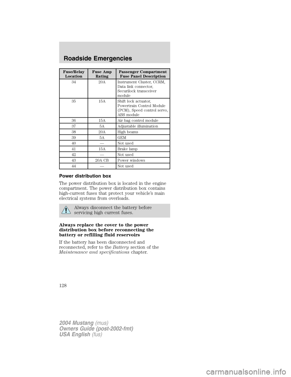 FORD MUSTANG 2004 4.G Owners Manual Fuse/Relay
LocationFuse Amp
RatingPassenger Compartment
Fuse Panel Description
34 20A Instrument Cluster, CCRM,
Data link connector,
Securilock transceiver
module
35 15A Shift lock actuator,
Powertrai FORD MUSTANG 2004 4.G Owners Manual Fuse/Relay
LocationFuse Amp
RatingPassenger Compartment
Fuse Panel Description
34 20A Instrument Cluster, CCRM,
Data link connector,
Securilock transceiver
module
35 15A Shift lock actuator,
Powertrai