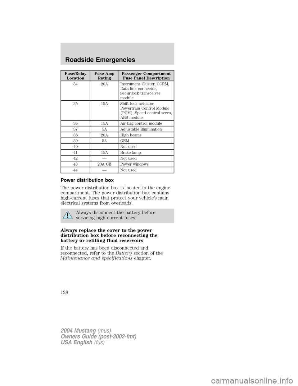 FORD MUSTANG 2004 4.G Owners Manual Fuse/Relay
LocationFuse Amp
RatingPassenger Compartment
Fuse Panel Description
34 20A Instrument Cluster, CCRM,
Data link connector,
Securilock transceiver
module
35 15A Shift lock actuator,
Powertrai