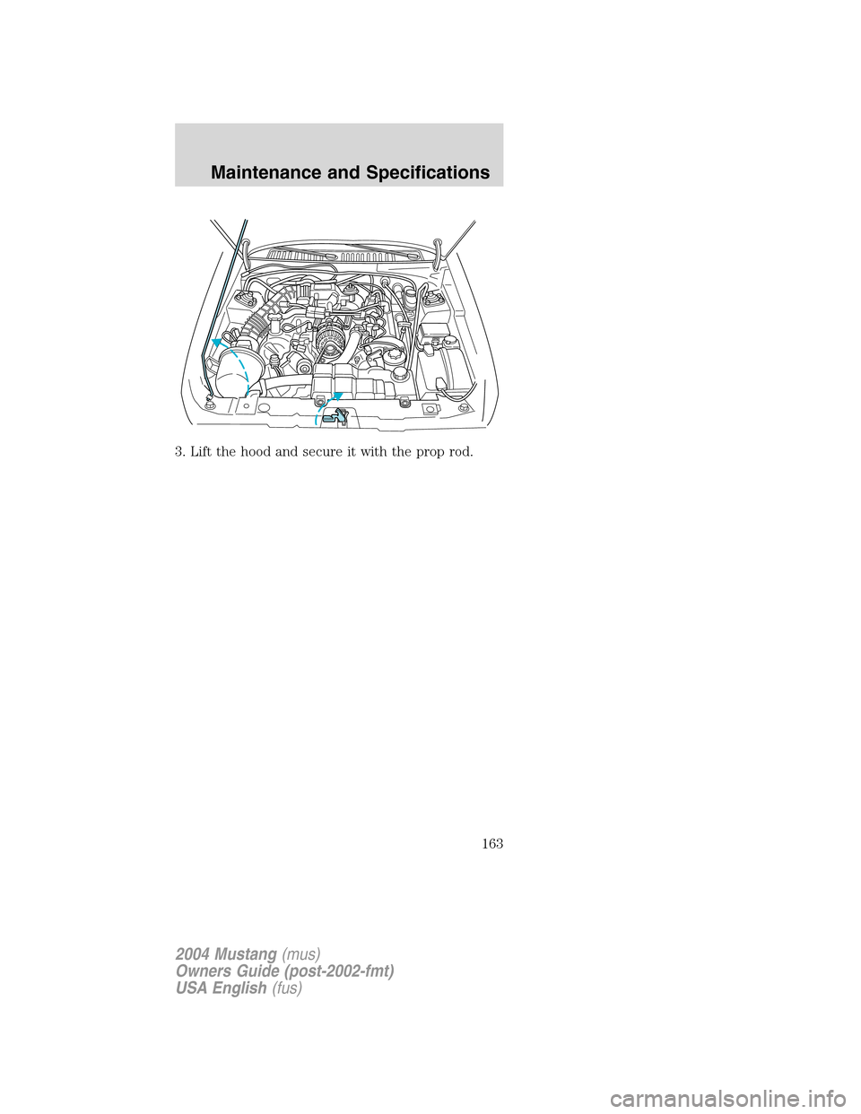 FORD MUSTANG 2004 4.G Owners Manual 3. Lift the hood and secure it with the prop rod.
2004 Mustang(mus)
Owners Guide (post-2002-fmt)
USA English(fus)
Maintenance and Specifications
163 