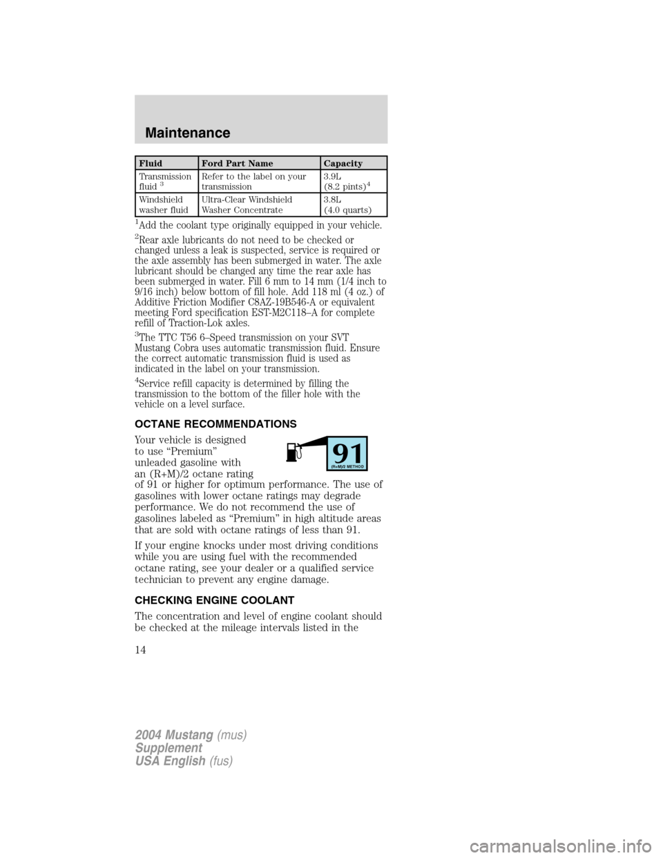 FORD MUSTANG 2004 4.G SVT Supplement Manual Fluid Ford Part Name Capacity
Transmission
fluid
3Refer to the label on your
transmission3.9L
(8.2 pints)4
Windshield
washer fluidUltra-Clear Windshield
Washer Concentrate3.8L
(4.0 quarts)
1Add the co