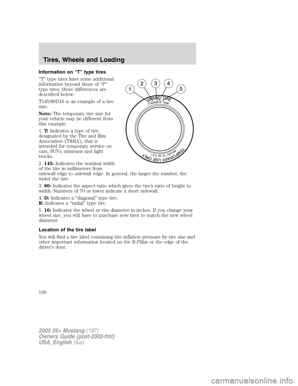 FORD MUSTANG 2005 5.G Owners Manual Information on“T”type tires
“T”type tires have some additional
information beyond those of“P”
type tires; these differences are
described below:
T145/80D16 is an example of a tire
size.
No FORD MUSTANG 2005 5.G Owners Manual Information on“T”type tires
“T”type tires have some additional
information beyond those of“P”
type tires; these differences are
described below:
T145/80D16 is an example of a tire
size.
No