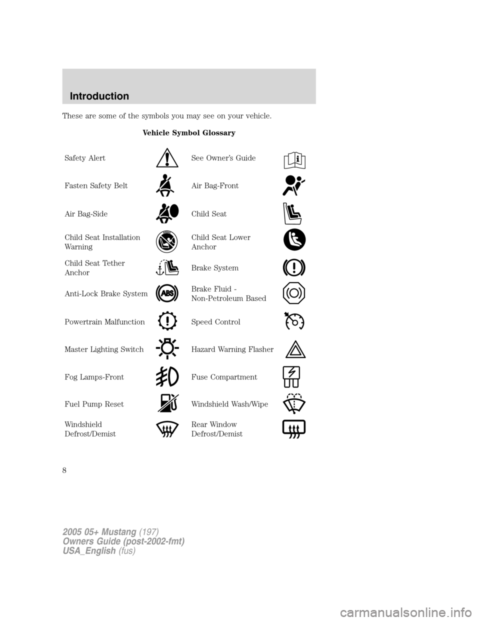 FORD MUSTANG 2005 5.G Owners Manual These are some of the symbols you may see on your vehicle.
Vehicle Symbol Glossary
Safety Alert
See Owner’s Guide
Fasten Safety BeltAir Bag-Front
Air Bag-SideChild Seat
Child Seat Installation
Warni FORD MUSTANG 2005 5.G Owners Manual These are some of the symbols you may see on your vehicle.
Vehicle Symbol Glossary
Safety Alert
See Owner’s Guide
Fasten Safety BeltAir Bag-Front
Air Bag-SideChild Seat
Child Seat Installation
Warni