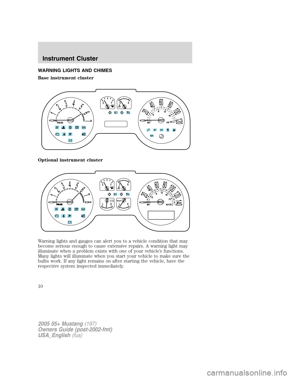 FORD MUSTANG 2005 5.G Owners Manual WARNING LIGHTS AND CHIMES
Base instrument cluster
Optional instrument cluster
Warning lights and gauges can alert you to a vehicle condition that may
become serious enough to cause extensive repairs. 