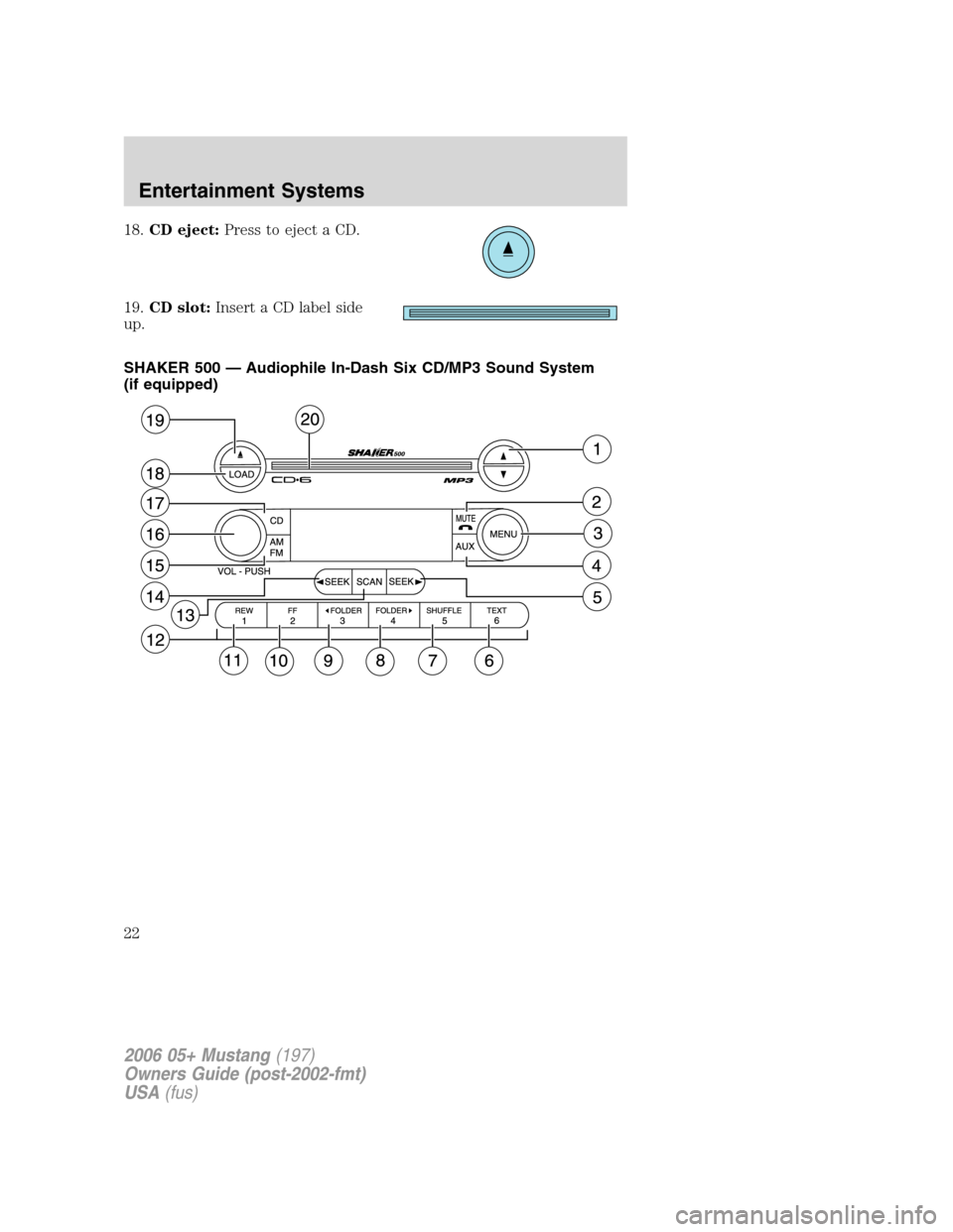 FORD MUSTANG 2006 5.G Owners Manual 18.CD eject:Press to eject a CD.
19.CD slot:Insert a CD label side
up.
SHAKER 500 — Audiophile In-Dash Six CD/MP3 Sound System
(if equipped)
2006 05+ Mustang(197)
Owners Guide (post-2002-fmt)
USA(fu