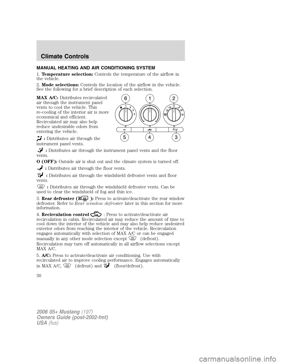 FORD MUSTANG 2006 5.G Owners Manual MANUAL HEATING AND AIR CONDITIONING SYSTEM
1.Temperature selection:Controls the temperature of the airflow in
the vehicle.
2.Mode selections:Controls the location of the airflow in the vehicle.
See th FORD MUSTANG 2006 5.G Owners Manual MANUAL HEATING AND AIR CONDITIONING SYSTEM
1.Temperature selection:Controls the temperature of the airflow in
the vehicle.
2.Mode selections:Controls the location of the airflow in the vehicle.
See th
